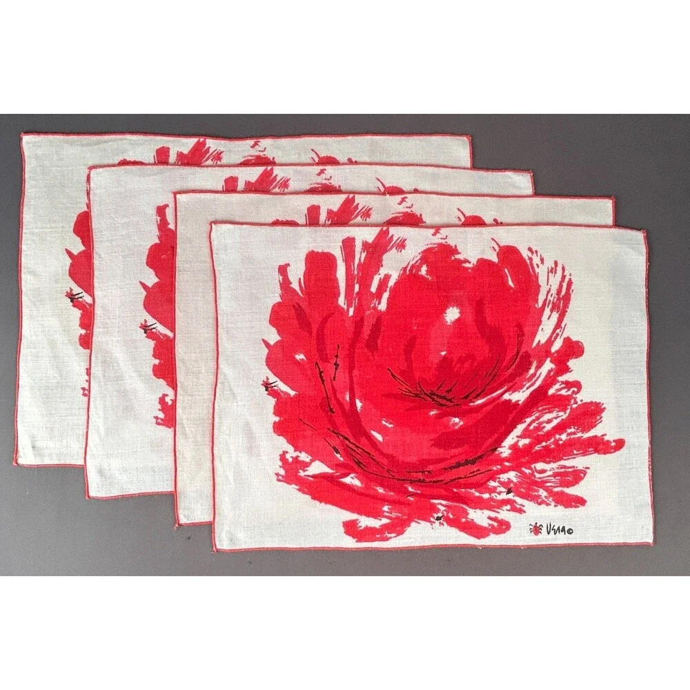 Vintage Vera Neumann Large Red Flower Linen Placemat Set of 4